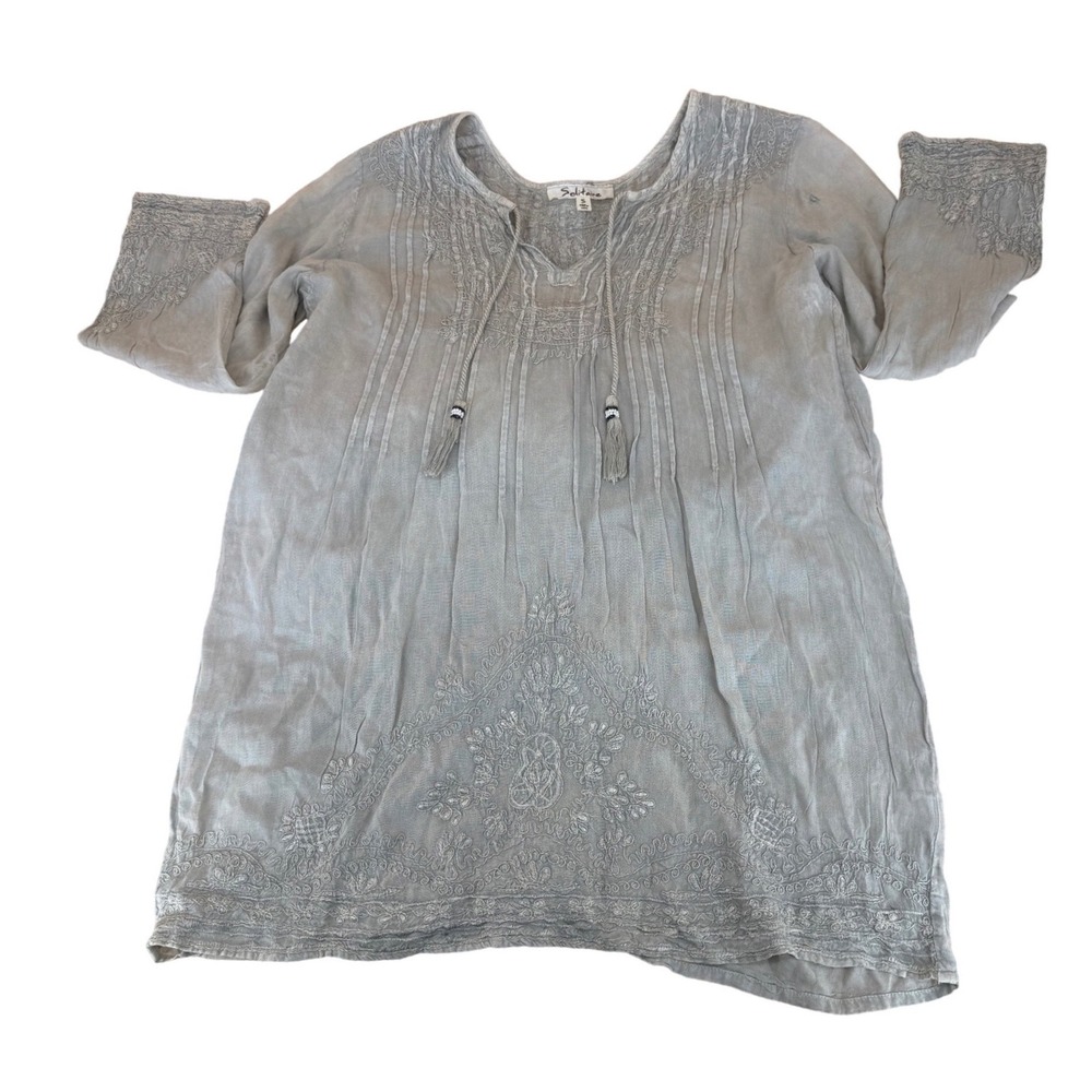Solitare Women Small Embroidery Pleated Light Gray Boho V-Neck Tassels Tunic Top